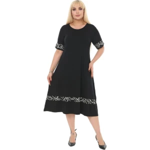 Butik Çizgi Şeritli Siyah Kadın Büyük Beden Midi Elbise