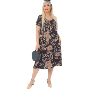 Butik Lacivert Yaprak Kuplu Cepli Kısa Kol Kadın Midi Elbise