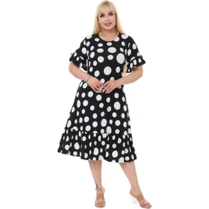 Butik Puantiye Desen Cepli Fırfırlı Kısa Kol Kadın Midi Elbise