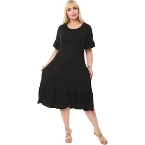 Butik Cepli Fırfırlı Siyah Kısa Kollu Kadın Midi Elbise