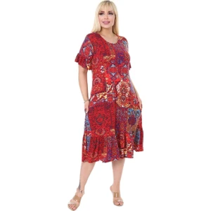 Butik Kırmızı Etnik Fırfırlı Kısa Kollu Kadın Midi Elbise