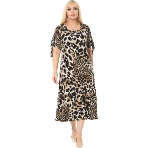 Butik Kaplan Desen Bağlamalı Kısa Kollu Kadın Midi Elbise