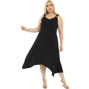 Butik Düz Siyah Askılı V Yaka Uzun Elbise