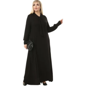 Butik Fularlı Siyah Uzun Kollu Büyük Beden Kadın Elbise