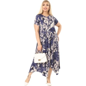 Butik Mavi Batik Desen Asimetrik Kısa Kollu Uzun Elbise