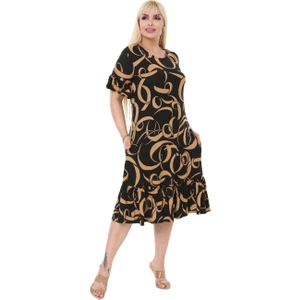 Butik Vizon Dalga Cepli Fırfırlı Kısa Kol Kadın Midi Elbise