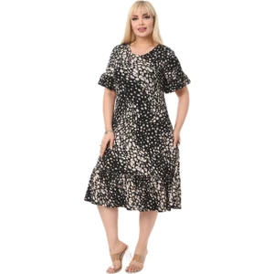 Butik Çakıltaşı Desen Cepli Fırfırlı Kısa Kol Kadın Midi Elbise
