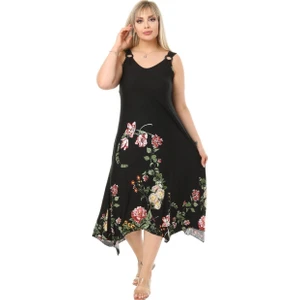 Butik Siyah Pembe Çiçekli Askılı V Yaka Uzun Elbise