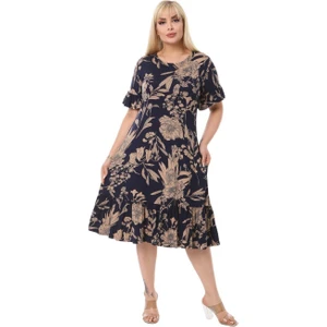 Butik Lacivert Palmiye Fırfırlı Kısa Kollu Kadın Midi Elbise