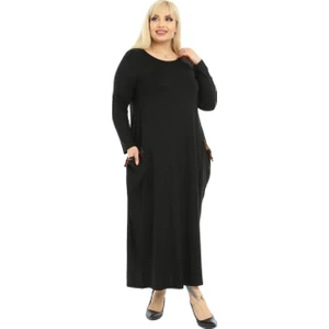 Butik Püsküllü Cepli Kadın Uzun Kollu Siyah Tesettür Elbise