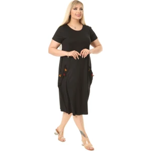 Butik Püsküllü Cepli Kısa Kollu Siyah Midi Elbise