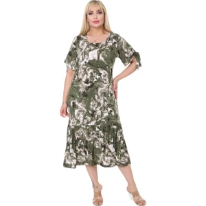 Butik Yeşil Batık Desen Bağlamalı Kısa Kollu Kadın Midi Elbise