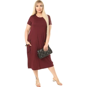 Butik Püsküllü Cepli Kısa Kollu Bordo Midi Elbise