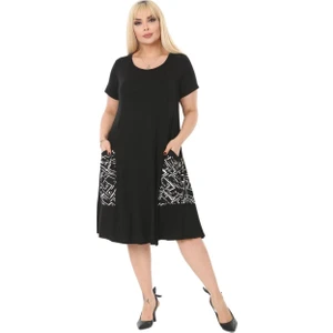 Butik Balon Cepli Zigzag Desen Kısa Kollu Midi Elbise