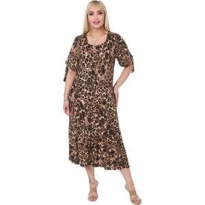 Butik Büyük Leopar Bağlamalı Kısa Kollu Kadın Midi Elbise