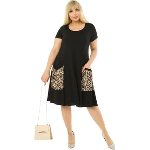 Butik Balon Cepli Leopar Desen Kısa Kollu Midi Elbise