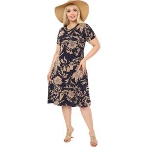 Butik Lacivert Palmiye Desen Kısa Kollu Büyük Beden Midi Elbise