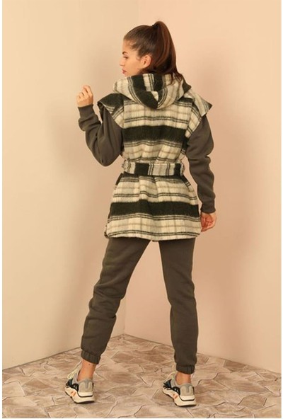 Aradım Taradım Keçe Kumaş Kapüşonlu Rahat Kalıp Oduncu Kadın Yelek-Haki