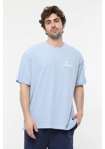 Erkek Kısa Kollu Baskılı Oversıze Kalıp Bisiklet Yaka Tişört Mavi Melanj