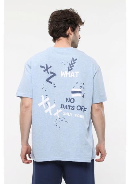 Erkek Kısa Kollu Baskılı Oversıze Kalıp Bisiklet Yaka Tişört Mavi Melanj fiyatları
