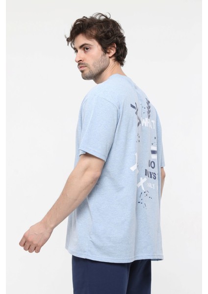 Erkek Kısa Kollu Baskılı Oversıze Kalıp Bisiklet Yaka Tişört Mavi Melanj modelleri