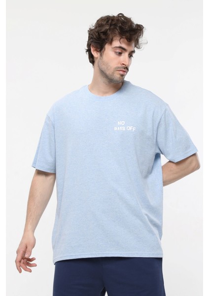 Erkek Kısa Kollu Baskılı Oversıze Kalıp Bisiklet Yaka Tişört Mavi Melanj indirimleri