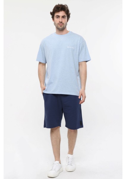 Erkek Kısa Kollu Baskılı Oversıze Kalıp Bisiklet Yaka Tişört Mavi Melanj