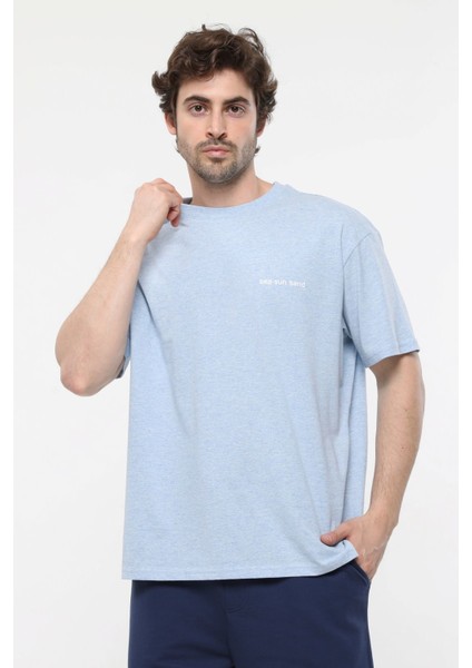 Erkek Kısa Kollu Baskılı Oversıze Kalıp Bisiklet Yaka Tişört Mavi Melanj modelleri