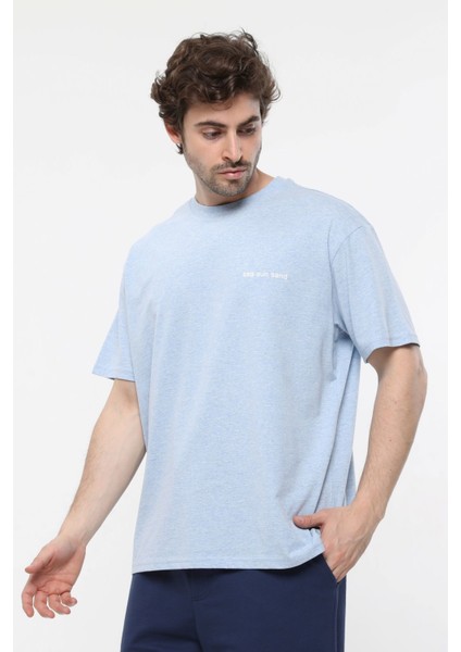 Erkek Kısa Kollu Baskılı Oversıze Kalıp Bisiklet Yaka Tişört Mavi Melanj fırsatları