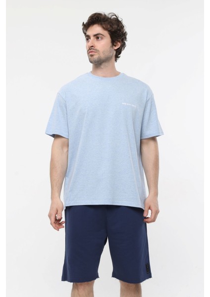 Erkek Kısa Kollu Baskılı Oversıze Kalıp Bisiklet Yaka Tişört Mavi Melanj indirimleri