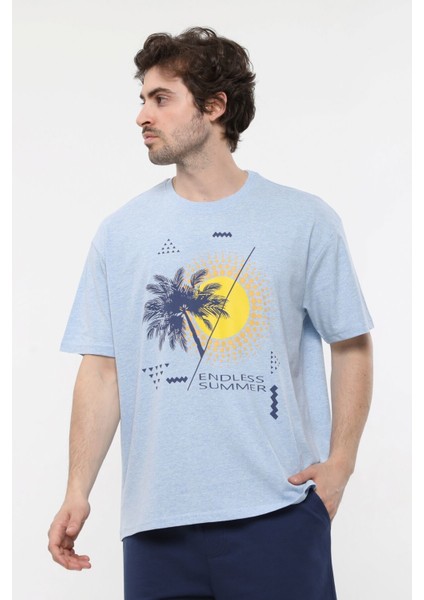 Erkek Kısa Kollu Baskılı Oversıze Kalıp Bisiklet Yaka Tişört Mavi Melanj indirimleri