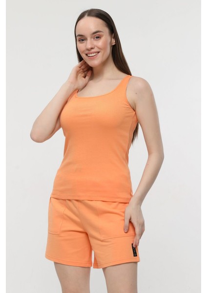Kadın U Yaka Sıfır Kol Regular Fit Basic Geniş Askılı Tişört Oranj