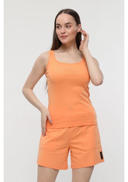 Kadın U Yaka Sıfır Kol Regular Fit Basic Geniş Askılı Tişört Oranj fırsatları