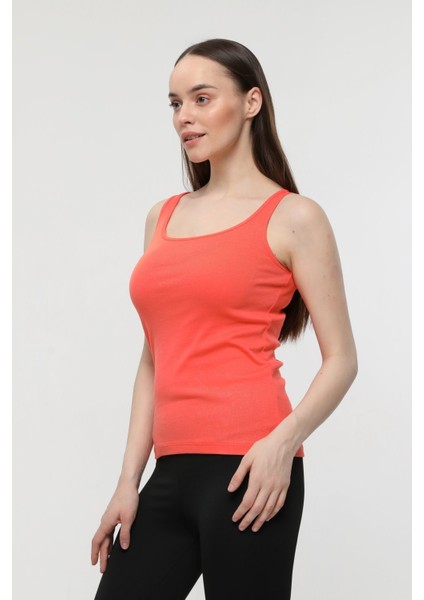 Kadın U Yaka Sıfır Kol Regular Fit Basic Geniş Askılı Tişört Nar Çiçeği