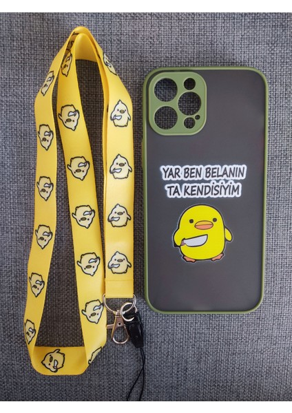 Iphone 13 Pro Max Katil Civciv Tasarım Tuşları Renkli Telefon Boyun Askılı Set Yeşil Kılıf