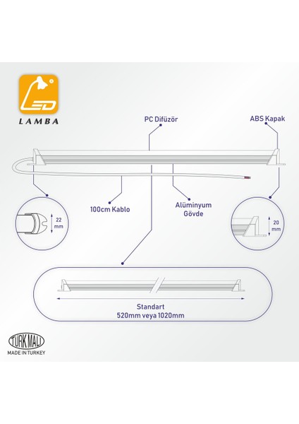 Mutfak Tezgahı LED Aydınlatma 100 cm Günışığı Şeffaf Camlı