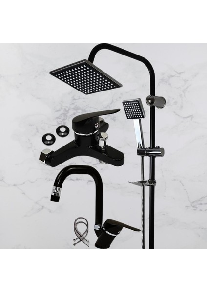 Siyah Banyo Lavabo Bataryası ve Robot Duş Seti Siyah Banyo Seti Armatür Musluk Batarya Duş Musluk