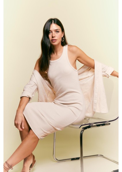 Bodycon Basic Halter Yaka Pamuklu Midi Askılı Elbise U8106AZ23SM