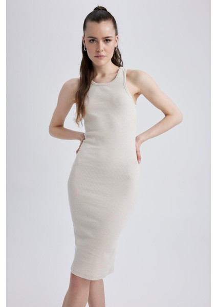 Bodycon Basic Halter Yaka Pamuklu Midi Askılı Elbise U8106AZ23SM