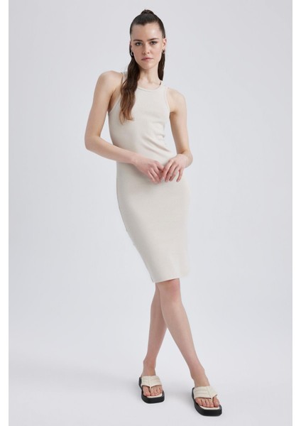 Bodycon Basic Halter Yaka Pamuklu Midi Askılı Elbise U8106AZ23SM
