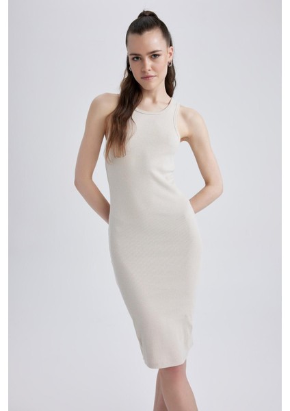 Bodycon Basic Halter Yaka Pamuklu Midi Askılı Elbise U8106AZ23SM