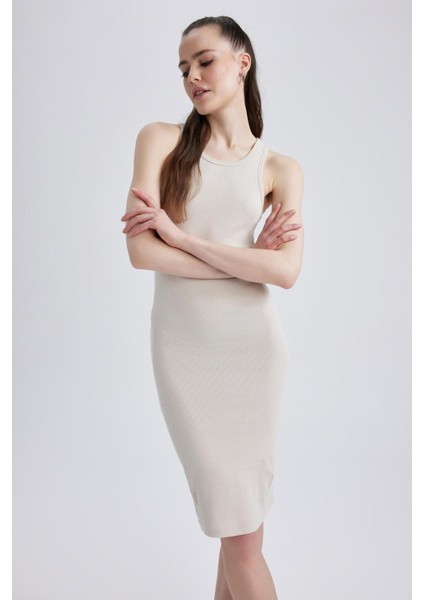 Bodycon Basic Halter Yaka Pamuklu Midi Askılı Elbise U8106AZ23SM