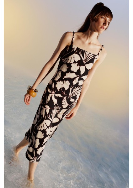 Bodycon Kare Yaka Floral Keten Karışımlı Askılı Midi Elbise A3320AX23HS