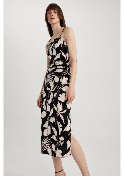 Bodycon Kare Yaka Floral Keten Karışımlı Askılı Midi Elbise A3320AX23HS modelleri