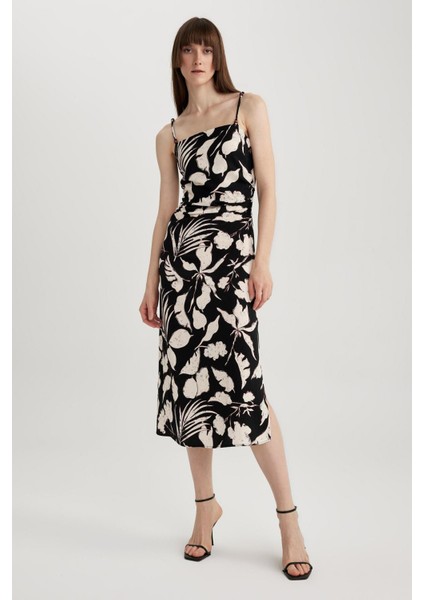 Bodycon Kare Yaka Floral Keten Karışımlı Askılı Midi Elbise A3320AX23HS fırsatları