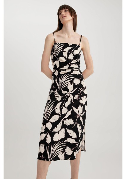 Bodycon Kare Yaka Floral Keten Karışımlı Askılı Midi Elbise A3320AX23HS indirimleri