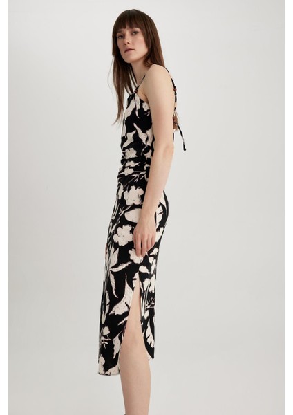 Bodycon Kare Yaka Floral Keten Karışımlı Askılı Midi Elbise A3320AX23HS