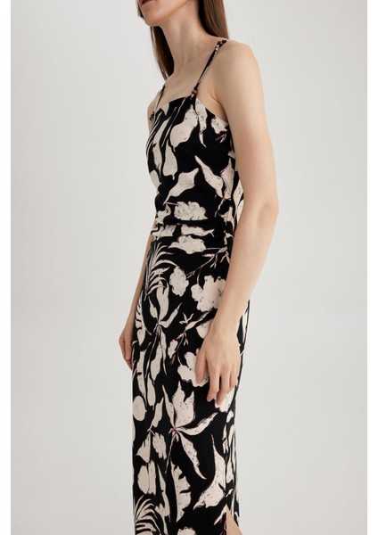 Bodycon Kare Yaka Floral Keten Karışımlı Askılı Midi Elbise A3320AX23HS