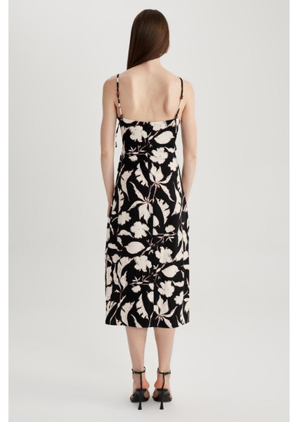 Bodycon Kare Yaka Floral Keten Karışımlı Askılı Midi Elbise A3320AX23HS