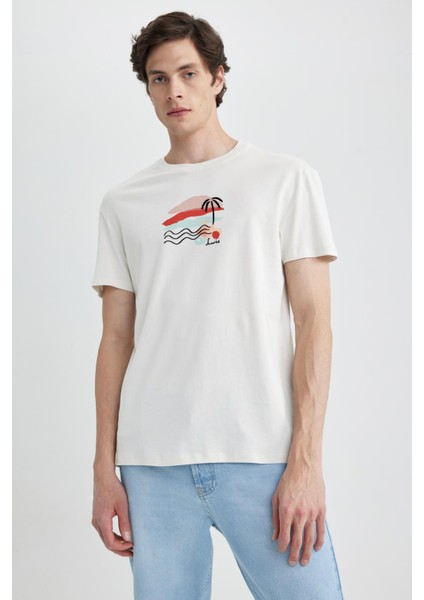 Regular Fit Bisiklet Yaka Baskılı Kısa Kollu %100 Pamuk Tişört Z5884AZ23SM